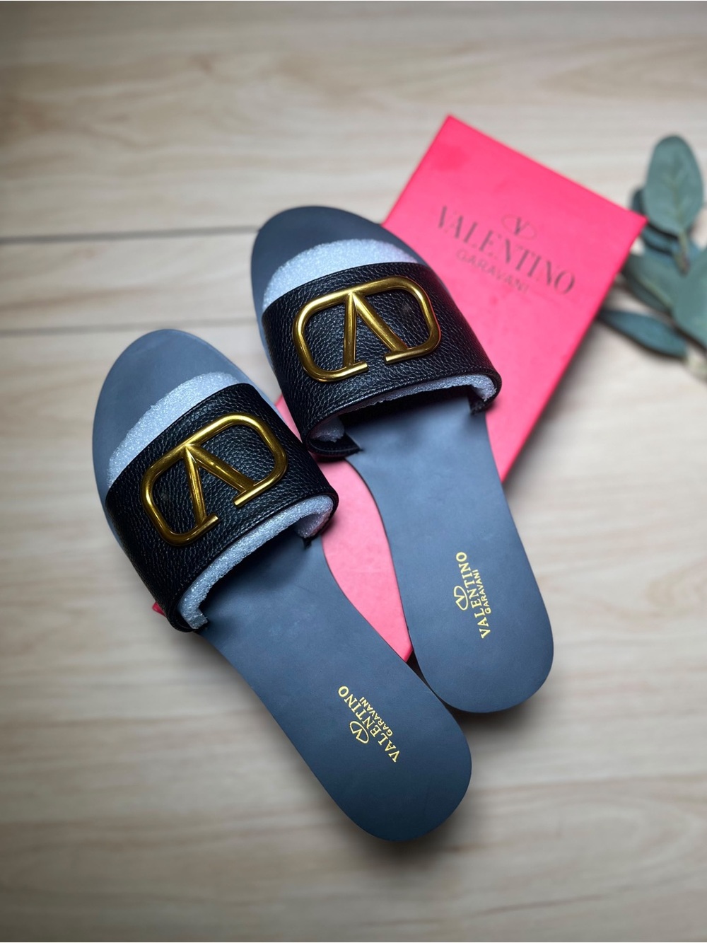 Valentino Garavani Black and Gray Slide Sandals with Gold Logo